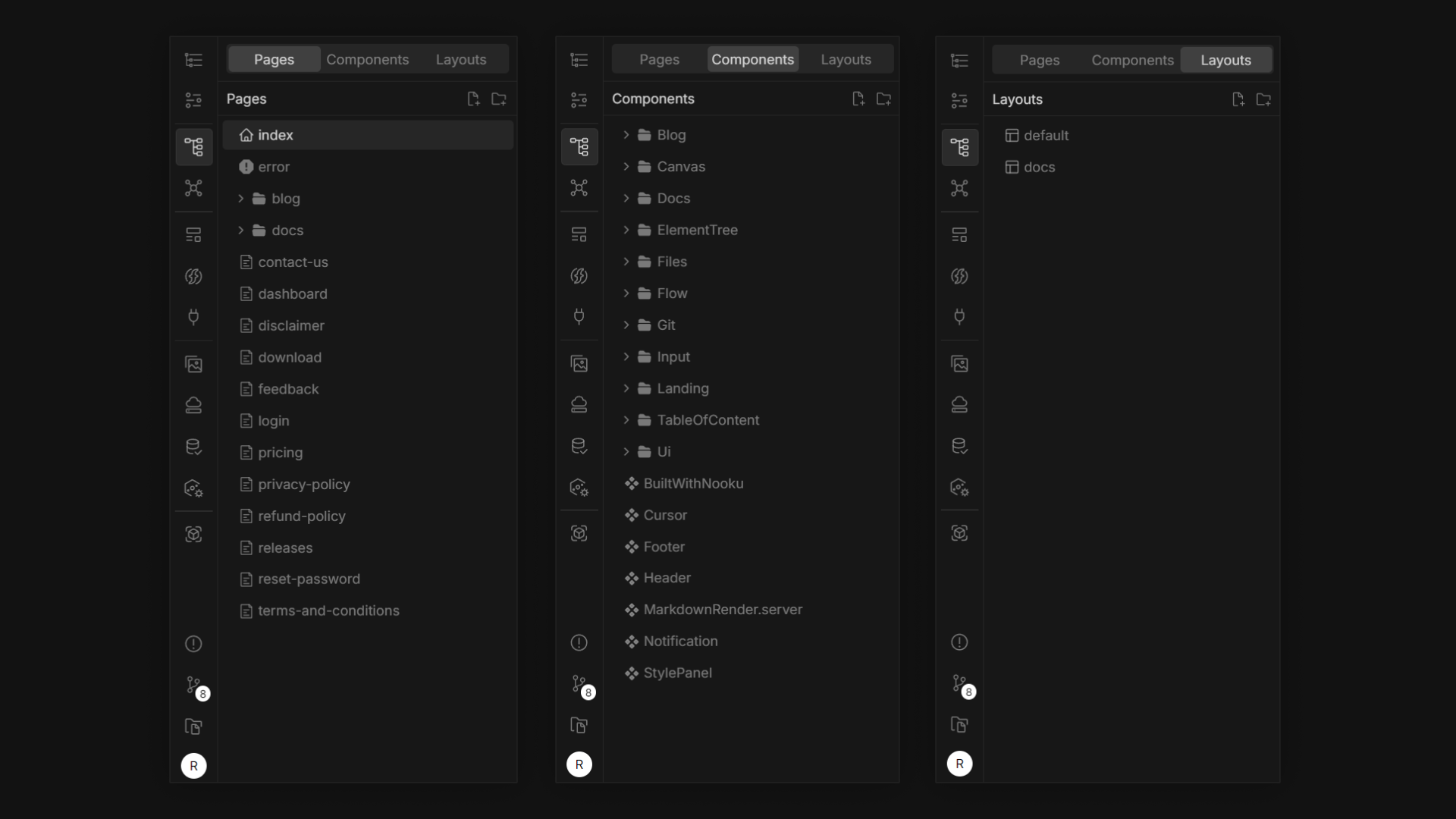 pages, components, and layouts panel